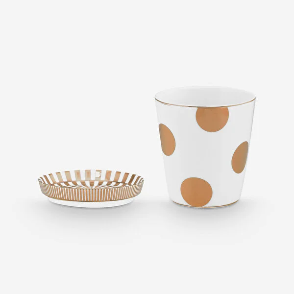 Dot Delight  Altın / Beyaz Kulpsuz  Mug & Çay Tabağı Seti 230 ml 