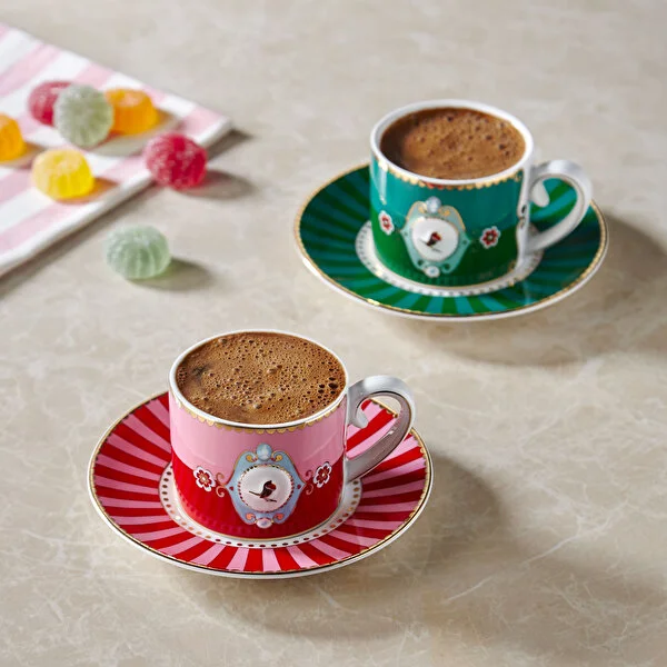 Love Birds Kırmızı Madalyon Desenli Kuşlu Kahve Fincanı 100 ml